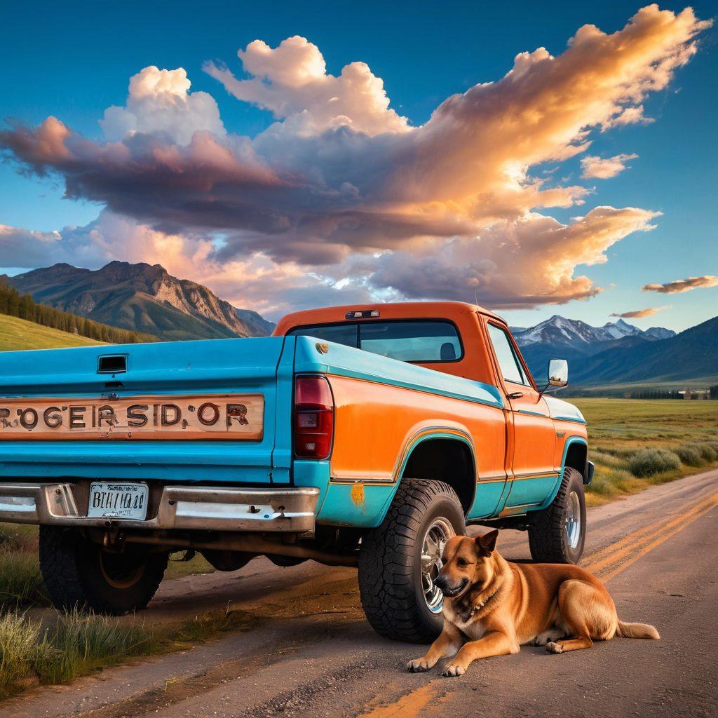 A rugged rebel trucker with a vivid tattoo on his arm, leaning against a brightly-colored, vintage truck under a vast, blue sky filled with fluffy clouds. Scenic mountains in the background with winding roads, representing freedom and adventure. Include a playful dog sitting in the truck bed and a sunset casting warm hues across the scene. The overall mood should convey joy and the spirit of exploration. vibrant colors. super-realistic.