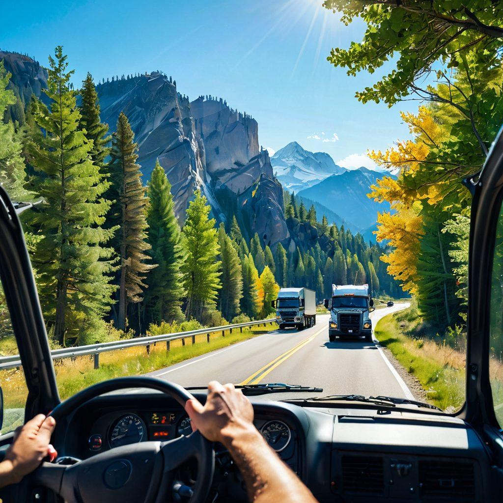 A serene highway stretching into the horizon, with a cheerful truck driver enjoying the view from the cab of a vibrant truck. Include elements of nature, such as sunlight filtering through trees and distant mountains, symbolizing freedom and joy. The interior of the truck is cozy, with travel memorabilia and a warm cup of coffee. Illustrate a sense of adventure and the simple pleasures of the open road. super-realistic. vibrant colors. 3D.