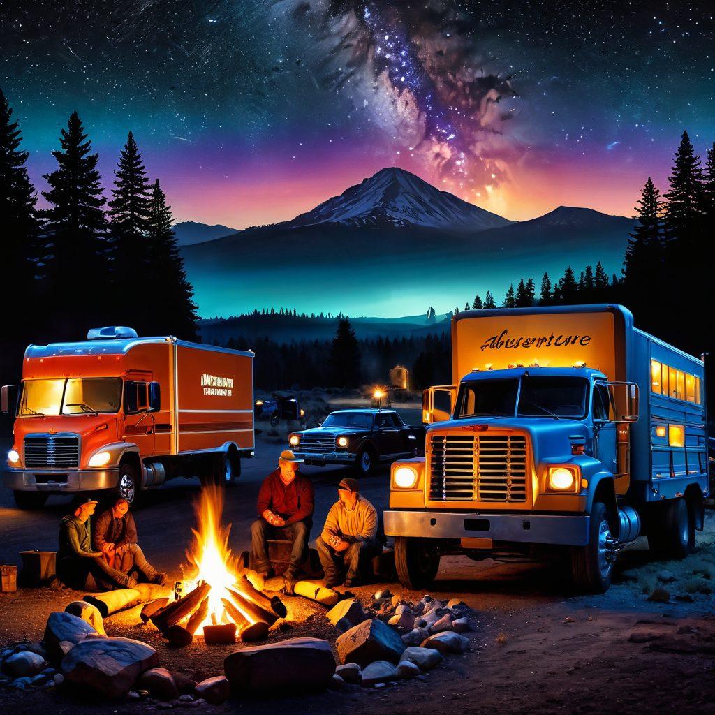 A vibrant scene showcasing a diverse group of truckers gathered around a glowing campfire under a starlit sky, sharing stories and laughter, while vintage trucks are parked nearby. Include elements like a road sign that reads 'Adventure Awaits' and a map spread out on the ground, symbolizing exploration and friendship. The atmosphere should exude warmth and camaraderie. super-realistic. vibrant colors. night sky.